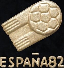 Espana82 Logo der 12. FIFA Fußballweltmeisterschaft 1982 in Spanien. Fußball in Form eines Kometen mit nach sich ziehendem Schweif.