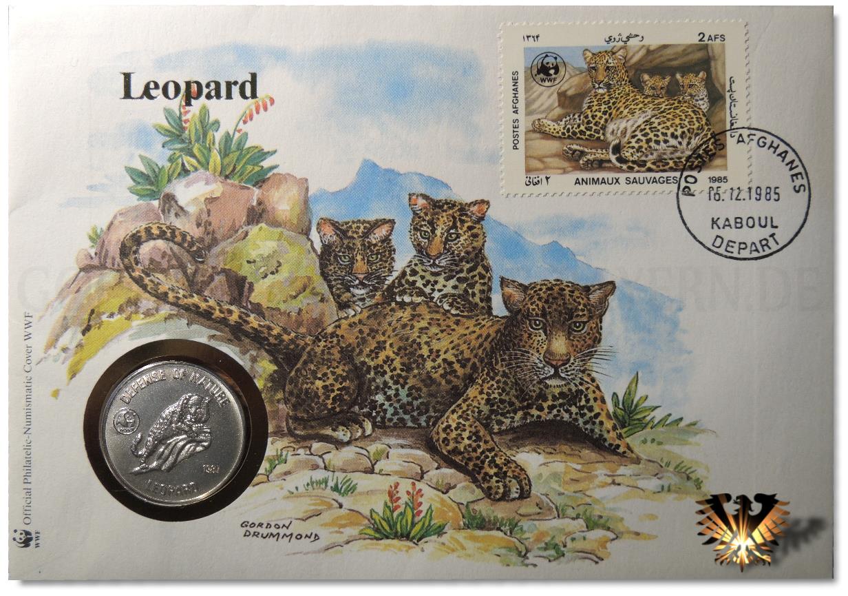 Leoparden Familie auf Numisbrief, mit Tiermünze aus Afghanistan. Geprägt wurde die Münze 1987. Der Gepard ist auch auf der Gedenkmünze und auf der Briefmarke wiederzufinden.