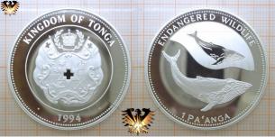 Buckelwale, 1 Pa'anga, 1994, Tonga, Gefährdete Tierwelt, Silbermünze 