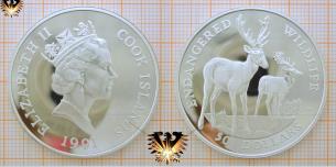 50 Dollars 1991, Cook Islands, Endangered Wildlife, Damm - Hirsch, Queen, Silbermünze  