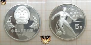 Tor des Friedens, 5 Yuan, Fußballmünze, China 1986, Silber, WM 86 Mexiko  