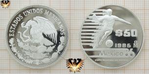 $ 50 Pesos, Silbermünze, Mexico 86,  Copa Mundial de Futbol, Fußball-WM, Dribbling.