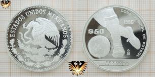Ballführung, $50 Pesos, Mexico 86, Copa Mundial de Futbol, Fußballmünze, Silber 925  