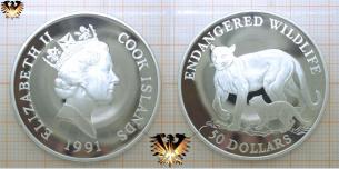 Puma, 50 Dollars, 1991, Cook Island, Endangered Wildlife, Silber