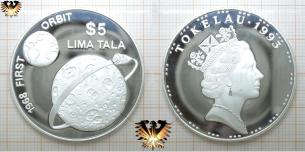 5 Dollar, Lima Tala, 1968 First Orbit, Silbermünze, Tokelau 1993  