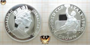 WORLD CUP, Italy 1990, 1 Crown, Queen, Gibraltar 1990, Tormann, Silber Gedenkmünze