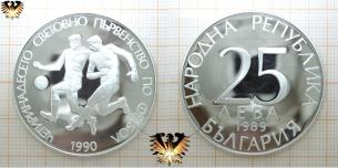 Fußballmünze, Silber, 25 Lewa, Bulgarien 1989, Fußball-WM, Italien 1990  
