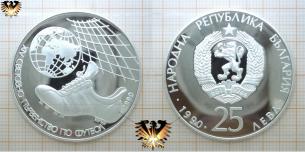 25 Lewa, Bulgarien, WM Münze Silber, Fußballschuh, Italien 1990  