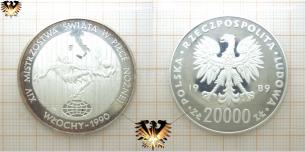 XIV, Fußballmünze, 20000 Złoty, Polen 1989, Italien 1990, WM, Silber  