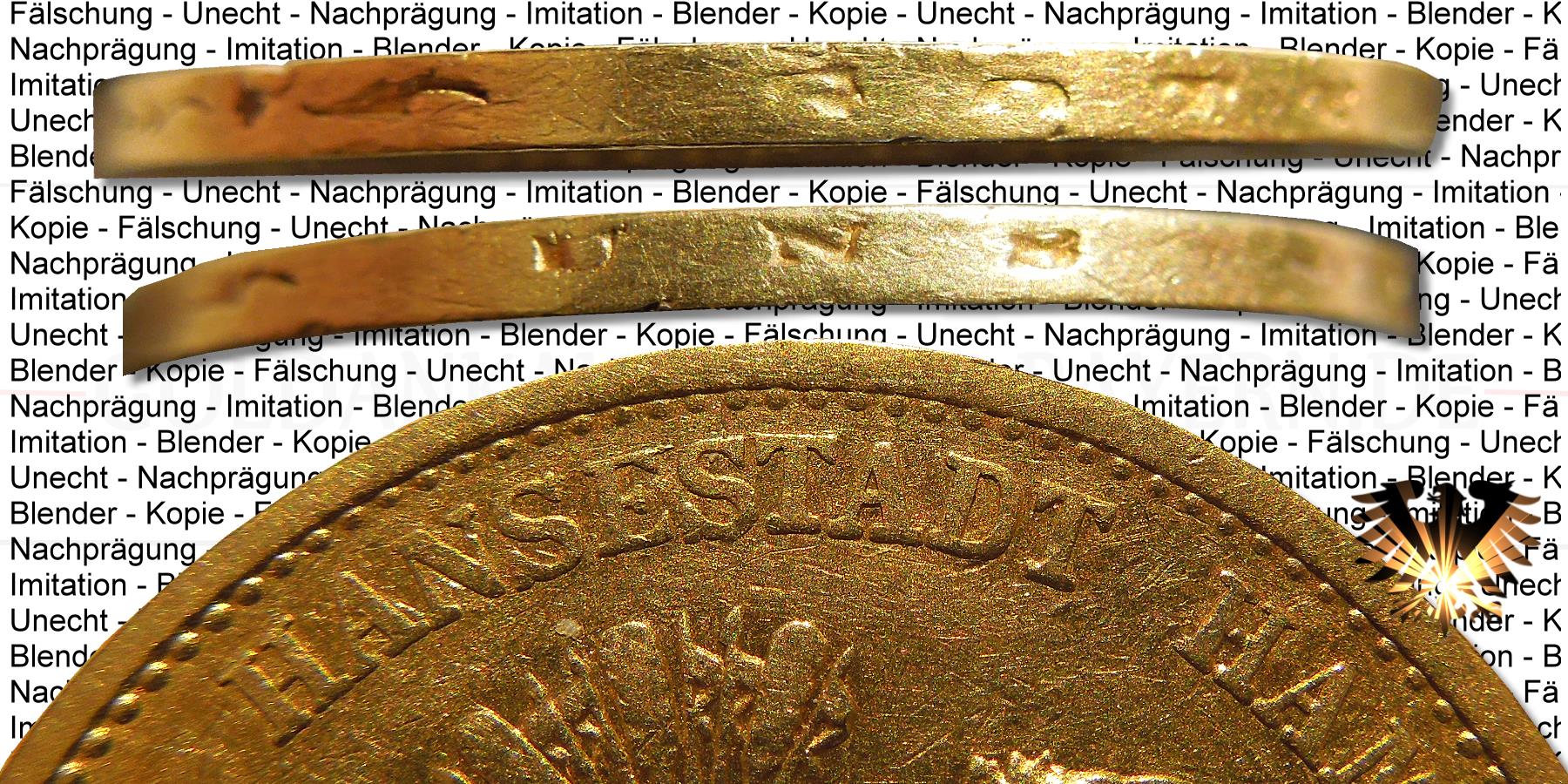 Detailansicht zu Fälschungen von  20 Mark Goldmünzen aus dem Deutschen Kaiserreich