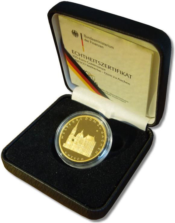 Deutsche 100 Euro Goldmünze, in Originalverpackung und Zertifikat. Thema Unesco Welterbe, Gedenkmünze Dom in Aachen