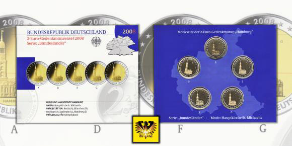 2 € Gedenkmünzenset 2008 A, D, F, G, J, in Spiegelglanz Qualität, Bundesland Hamburg mit Hauptkirche St. Michaelis.