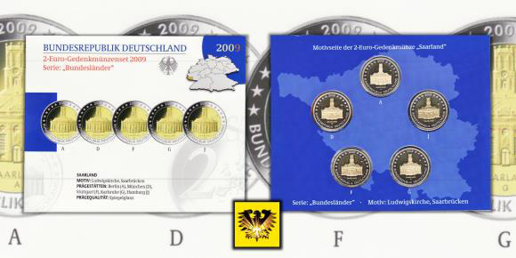 2 € Gedenkmünzenset 2009 A, D, F, G, J, in Spiegelglanz Qualität, Bundesland Saarland, Motiv: Ludwigskirche in Saarbrücken.