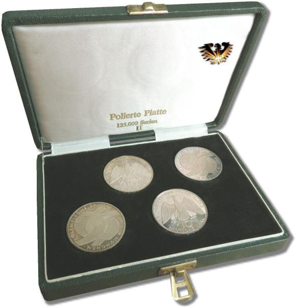 4 Mal 10 Deutsche Mark Silber Gedenkmünzen in Polierter Platte, in Schatulle, zu den Olympischen Sommerspielen in München 1972.