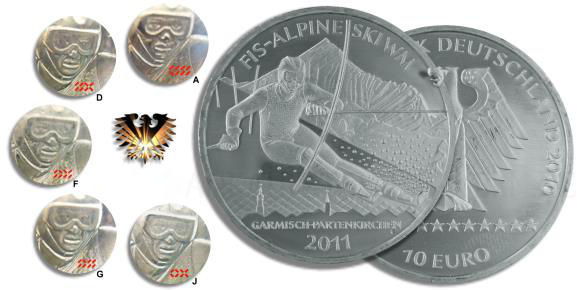 Geheimcode Decodierhilfe zur Ermittlung der Prägestätte der Münze von 2010 - FIS Alpine Ski WM 2011 in Garmisch Partenkirchen. Coinart.