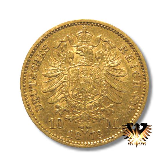 Das Bild zeigt die Seite der Münze mit dem kleinen Adler der 10 Mark Reichsmark Goldkrone, Jahrgang 1873. Geprägt1872 und 1873.