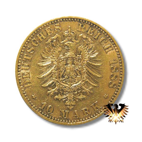 Das Bild zeigt die Seite der Münze mit dem kleinen Adler der 10 Mark Reichsmark Goldkrone, Jahrgang 1888. Geprägt von 1874 bis 1889.