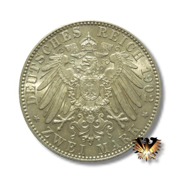 Das Bild zeigt die Seite der Münze mit dem großen Adler der 2 Mark Reichsmark Silbermünze, Jahrgang 1902. Geprägt von 1891 bis 1915