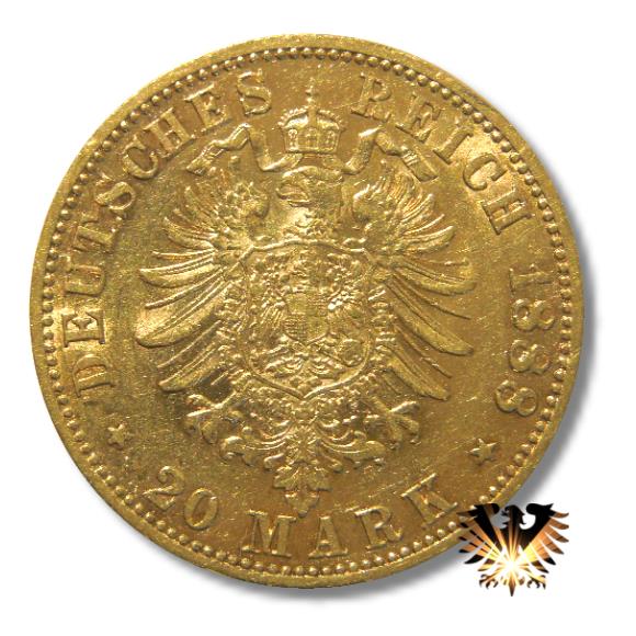Das Bild zeigt die Seite der Münze mit dem kleinen Adler der 20 Mark Doppelkrone Reichsgoldmünze, Jahrgang 1888. Geprägt von 1874 bis 1889.