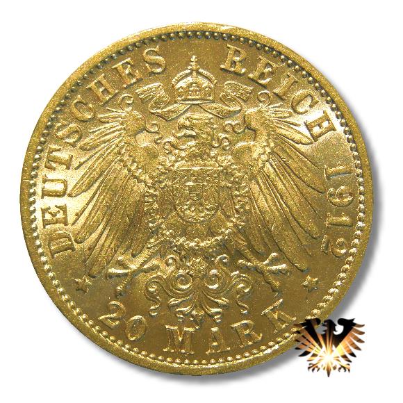 Das Bild zeigt die Seite der Münze mit dem großen Adler der 20 Mark Reichsmark Goldmünze zu einer Doppelkrone, Jahrgang 1912. Geprägt von 1890 bis 1915.