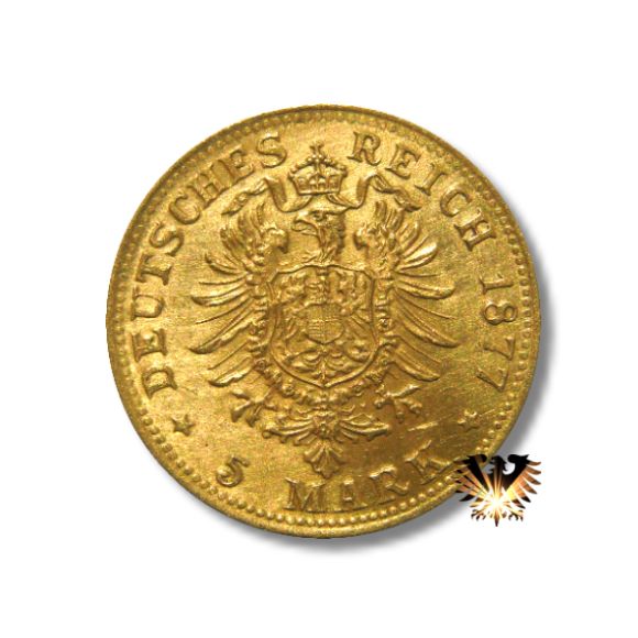 Das Bild zeigt die Seite der Münze mit dem kleinen Adler der 5 Mark Reichsmark Goldmünze, Jahrgang 1877. Geprägt  1877 und 1878.
