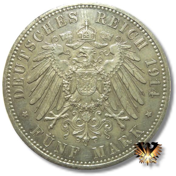 Der große Reichsadler geprägt von 1891 bis 1915, Designer: Otto Schulz aus Berlin. Fünf Mark Deutsches Reich Silbermünze von 1914.