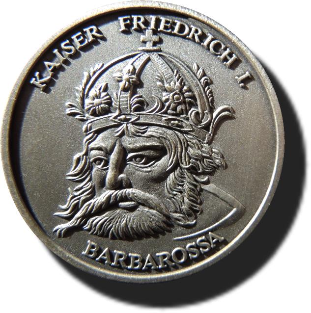 Kaiser Friedrich I. auch Barbarossa genannt, zur 10 DM Gedenkmünze aus der BRD. Der Regent mit Krone. Lebensdaten 1122 bis 1190. Münzen vom Altertum über das Mittelalter und heute.