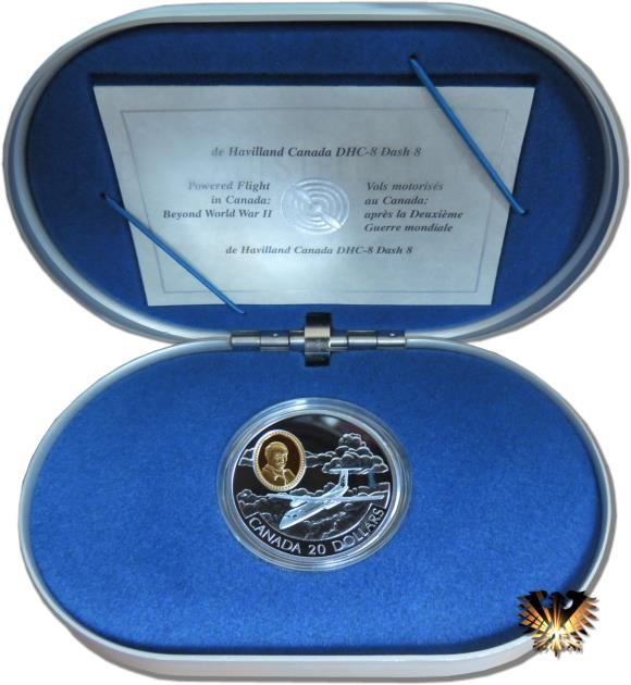 Silbermünze Kanada, 20 $ von 1999, in original Box (Alu mit blauem Formschaumstoff) mit Zertifikat. Flugzeug: de Havilland DHC-8.