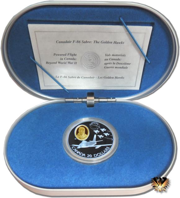 Silbermünze Kanada, 20 $ von 1997, in original Box (Alu mit blauem Formschaumstoff) mit Zertifikat. The Golden Hawks - F86 Sabre.