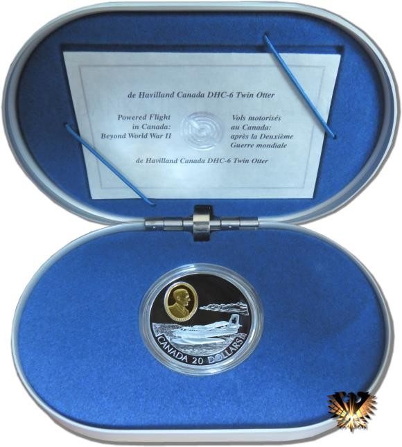 Silbermünze Kanada, 20 $ von 1999, in original Box (Alu mit blauem Formschaumstoff) mit Zertifikat. Das Flugzeug DHC 6 Twin Otter von de Havilland.