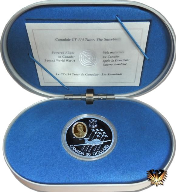 Silbermünze Kanada, 20 $ von 1997, in original Box (Alu mit blauem Formschaumstoff) mit Zertifikat. Das Flugzeug CT-114 Tutor & die Fliegerstaffel the Snowbirds 