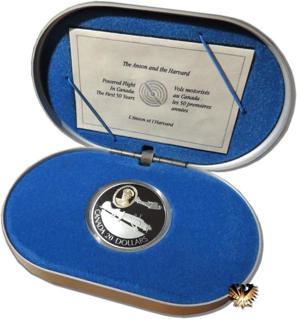 Canada Silbermünze, 20 $ von 1990, in original Box mit Zertifikat. Robert Leckie und die Flugzeuge Anson & Harvard