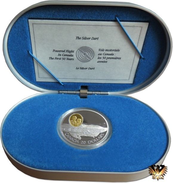Canada Silbermünze, 20 $ von 1991, in original Box mit Zertifikat. John Mc Curdy und Baldwin mit The Silver Dart.
