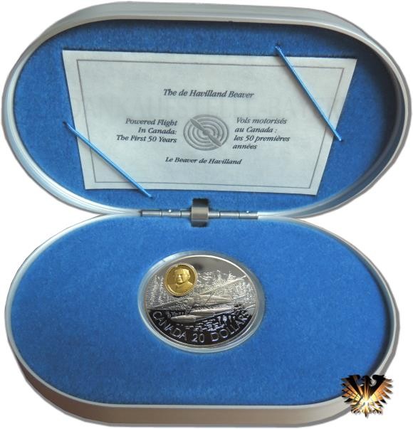 Silbermünze Kanada, 20 $ von 1990, in original Box (Alu mit blauem Formschaumstoff) mit Zertifikat. Phillip Garratt und das Flugzeug de Havilland Beaver.