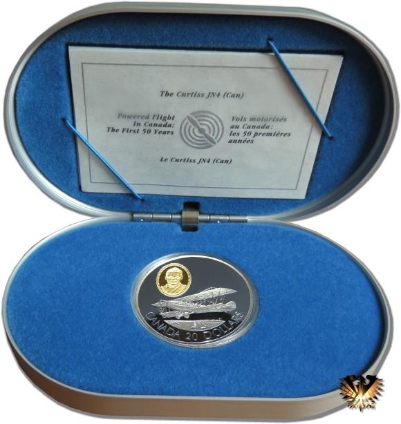 Silbermünze Kanada, 20 $ von 1992, in original Box (Alu mit blauem Formschaumstoff) mit Zertifikat. Sir Frank Baillie und das Flugzeug Curtiss JN-4.