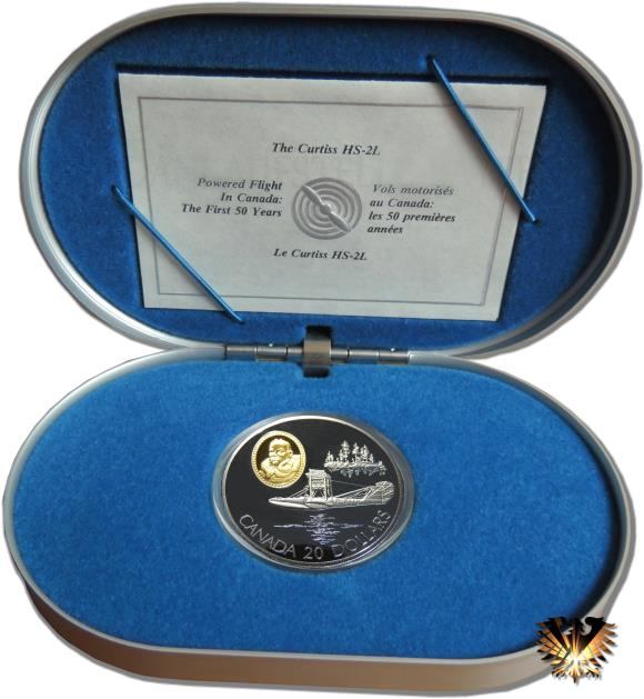 Silbermünze Kanada, 20 $ von 1994, in original Box (Alu mit blauem Formschaumstoff) mit Zertifikat. Stewart Graham und das Flugzeug Curtiss HS-2L2