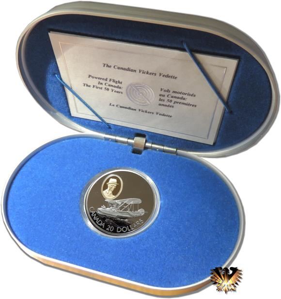 Silbermünze Kanada, 20 $ von 1994, in original Box (Alu mit blauem Formschaumstoff) mit Zertifikat. Wilfred T. Reid und das Flugzeug Canadian Vickers Vedette.