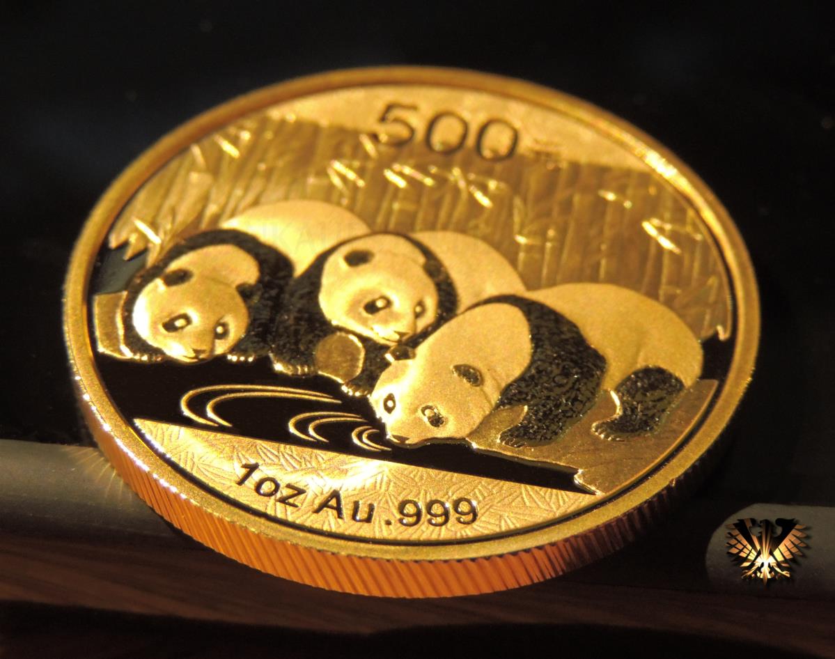 China 1 Unze Pandamünze in Gold 2013: 3 junge Panda´s an einer Wasserstelle.