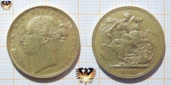 Goldmünze England Sovereign 1872 - Victoria D:G: BRITANNIAR : REG : F : D: Prägestätte M= Melbourne Australien