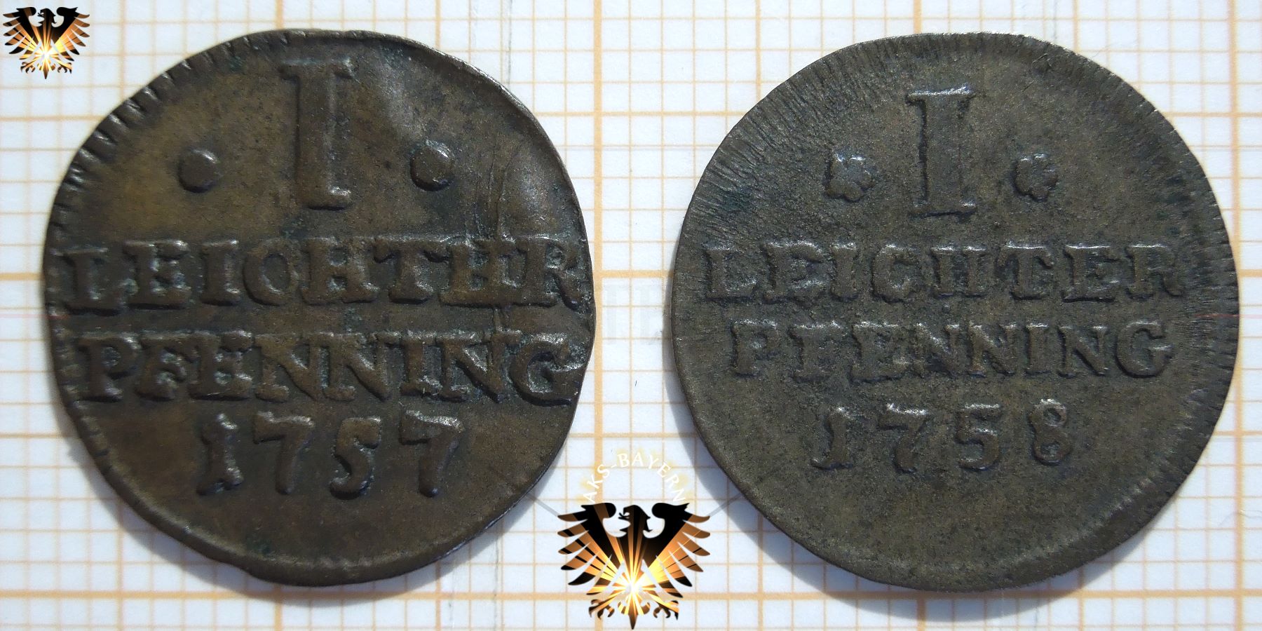 Das Bild zweigt den Unterschied aus 2 Jahrgängen der gleichen Münze. Freie Stadt Goslar, 1 leichter Pfennig von 1757 und ein leichter Pfennig von 1758.