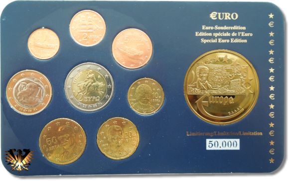 Kursmünzsatz Griechenland Sonderedition von 2006, mit Medaille die den letzten 500 Drachmen Geldschein von Griechenland zeigt.