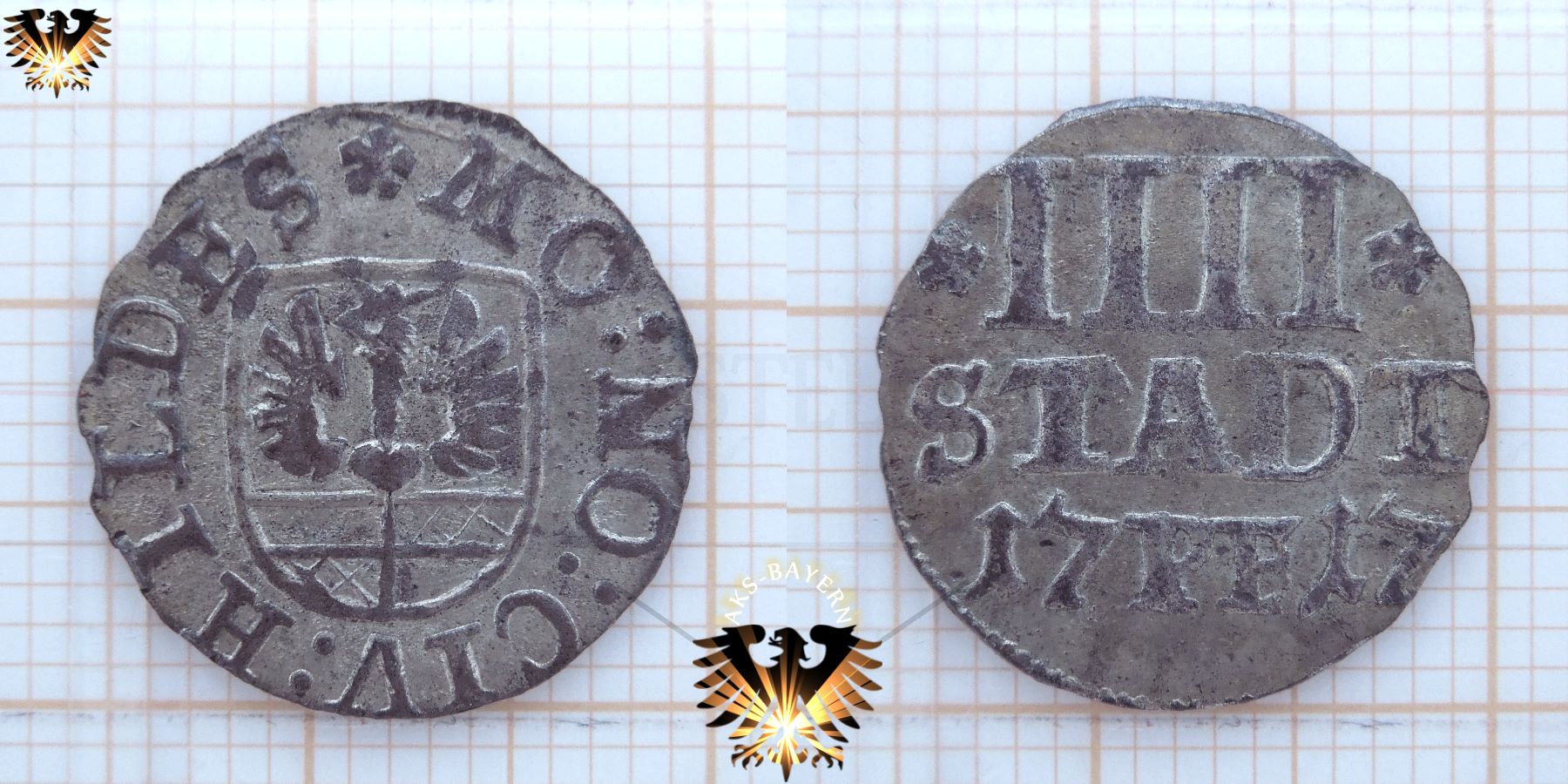 Das Bild zweigt den Unterschied aus 2 Jahrgängen der gleichen Münze. Freie Stadt Hildesheim, IIII Pfennig von 1711 und 1717.
