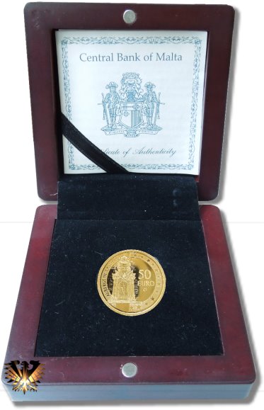 Malta Gedenkmünze Gold, 2008 zu 50 Euro in original Schatulle mit Zertifikat.