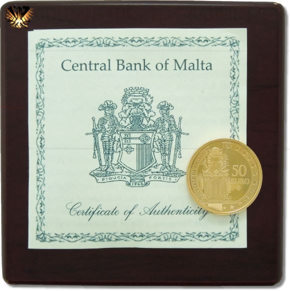 Gedenkmünze Malta 2008, 50 Goldeuro auf Box mit Zertifikat.