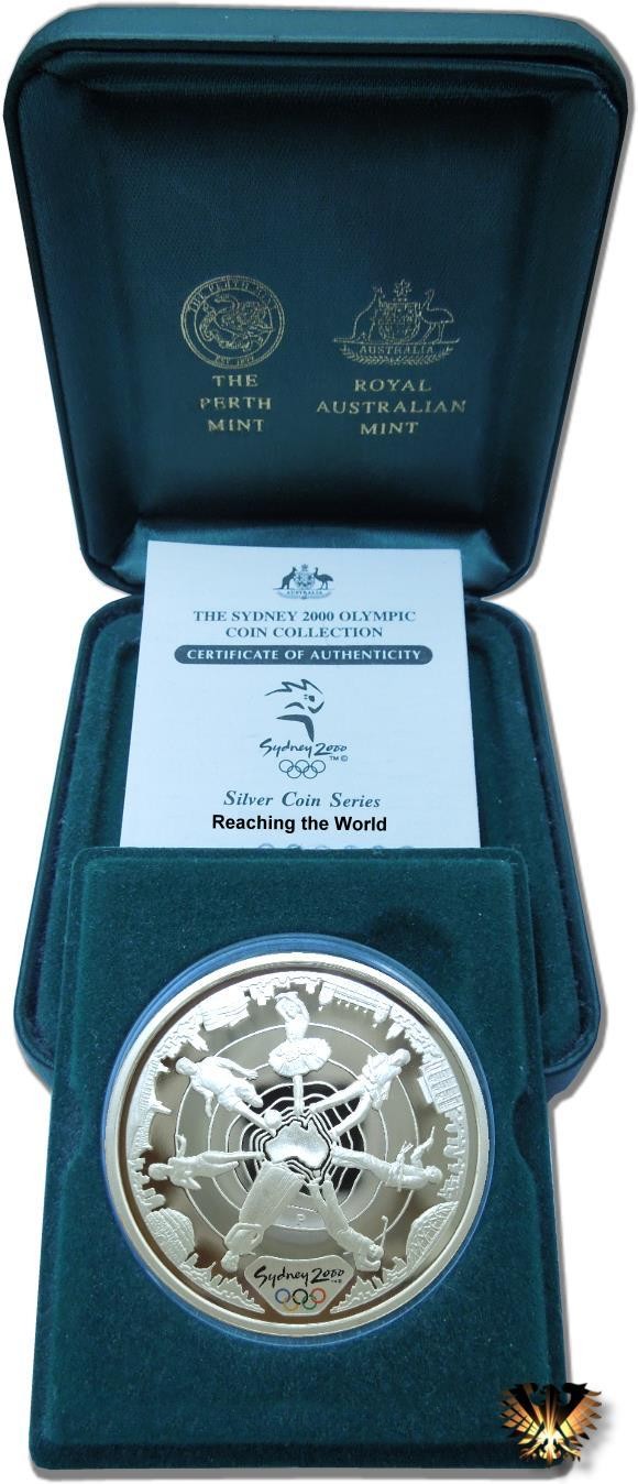 Australische Farbsilbermünze zum Gedenken an die Olympischen Spiele 2000 in Sydney. Silbermünze in der Originalen Verpackung der Royal Australian Mint. Motivmünze "Reaching the World"
