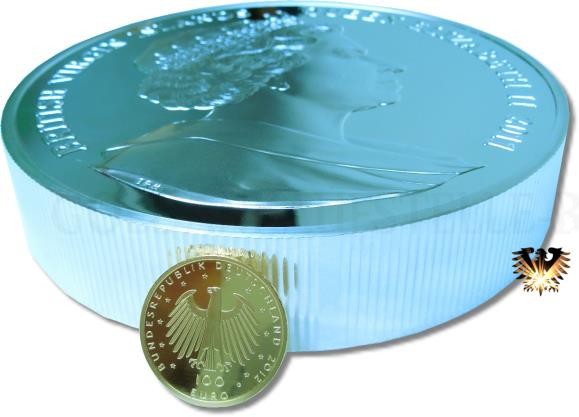 Gedenkmünze British Virgin Islands von 2011, im Größenvergleich mit einer 100 € Goldmünze.