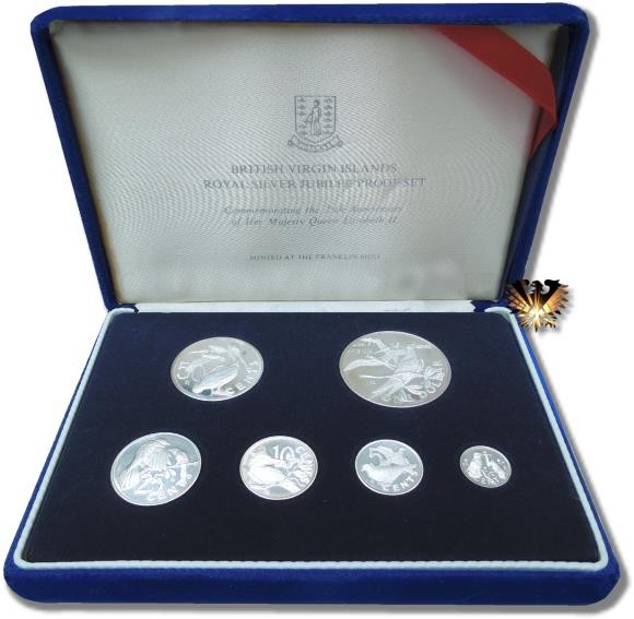 British Virgin Island Royal Silver Jubilee Set in Polieter Platte. 6 Silbermünzen mit Vogel Motiven.