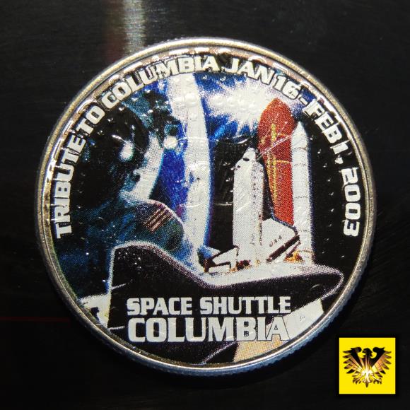 USA Kennedy half Dollar Münze in Farbe, mit der Weltraumfähre Columbia, dem Mond und einem Raumfahrer.