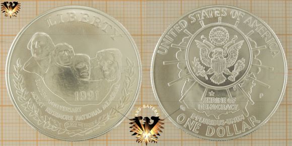 1 Dollar USA Silbermünze von 1991 Münzprägestätte P. Golden Anniversary Mount Rushmore National Memorial