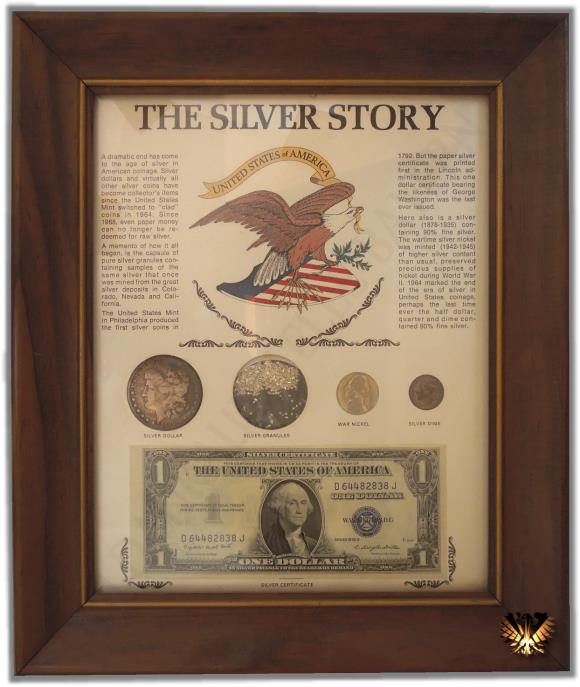 The Silver Story of USA. Die amerikanische Silbergeschichte in Wort und Bild. Morgan Dollar, 1 Dollar Silver Certificate, 1 Silber Dime, Silbergranulat und interessante Informationen.